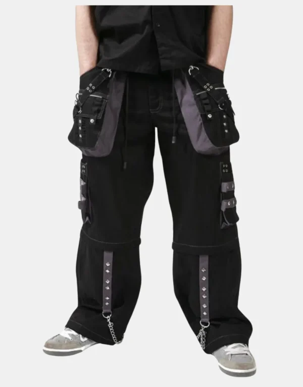 Men's Black & Gray Gothic Punk Trousers with Cotton Studs & Metal Accents