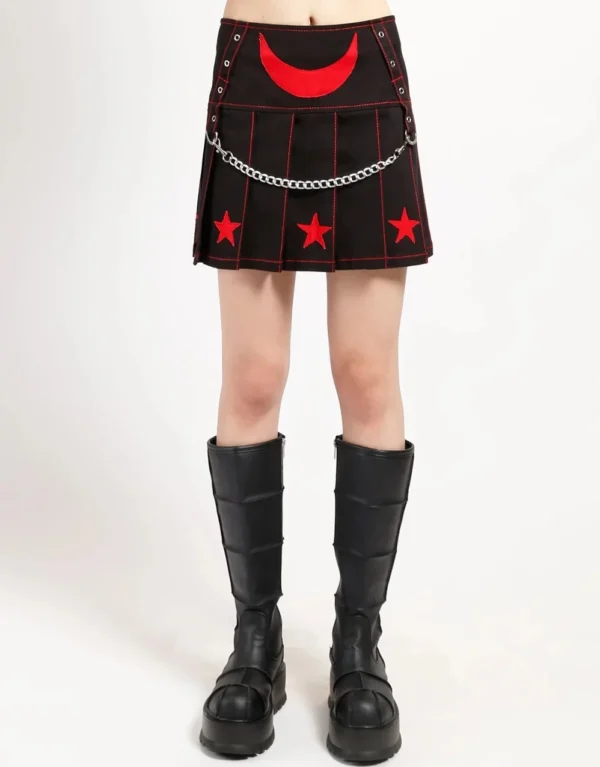 Gothic Red Star Print Pleated Skirt