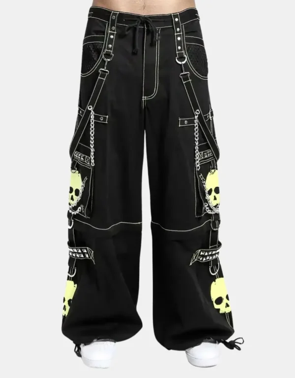 Men's Black Gothic Bondage Pants with Lime Green Big Skull