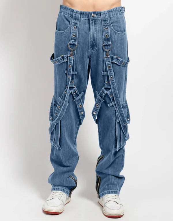 Men's Light Indigo Gothic Y-Harness Denim Pants